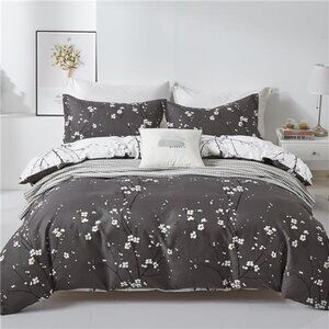 Floral Duvet Cover Set Queen, Dark Grey 3 Pieces Flower Plum